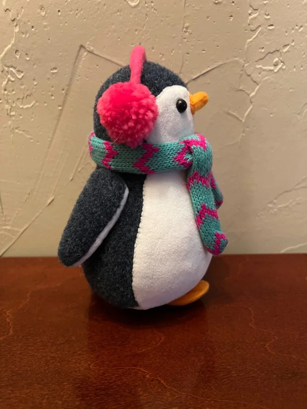 Winter Penguin Plush Figurine Pink Earmuffs Teal Scarf Christmas Holiday Decor